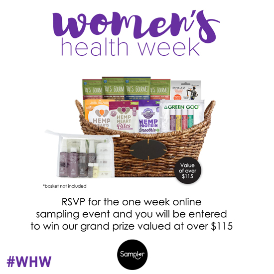 Women's Health Week RSVP Flyer. RSVP for a chance to win a gift basket worth $115!