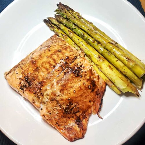 Baked Salmon with Dijon-Parmesan Sauce and Roasted Asparagus