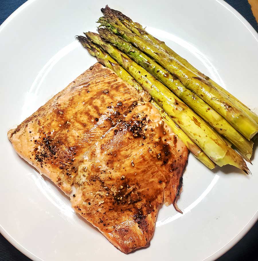 Baked Salmon with Dijon-Parmesan Sauce and Roasted Asparagus